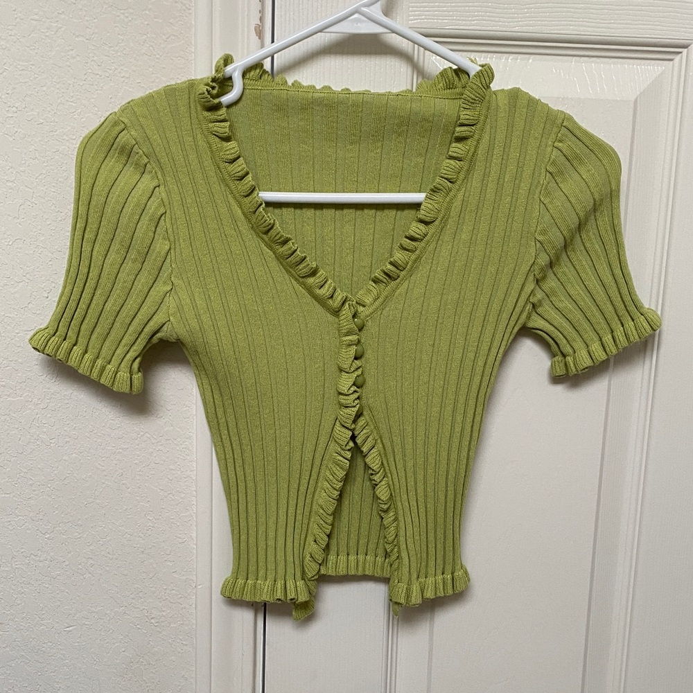 Green Ribbed Ruffle Trim Top